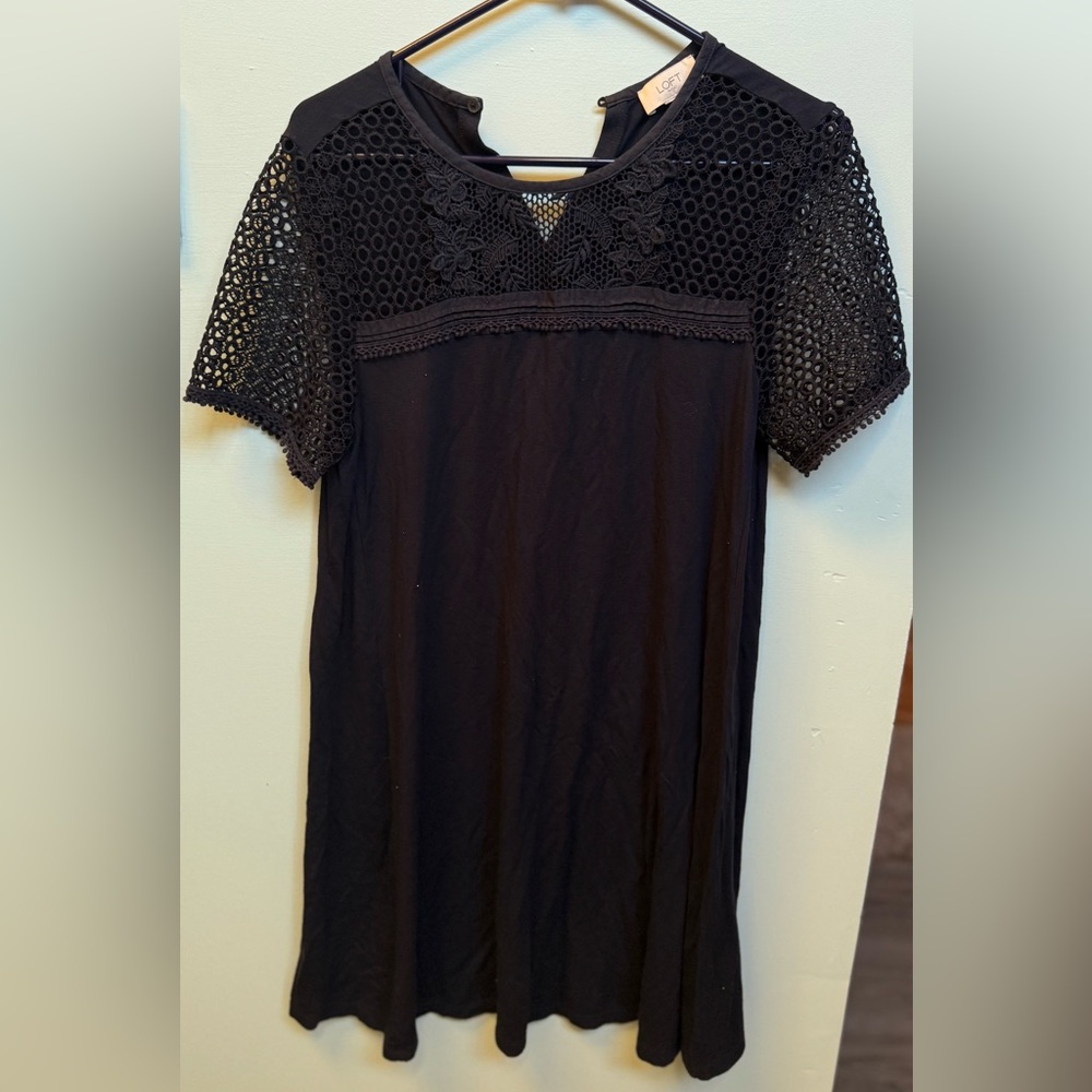 LOFT Black Crochet Yoke Short Sleeve Dress